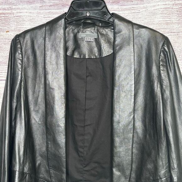 Vince. Women's Black 100% Leather Shawl Collar Tuxedo Open Front Jacket Size 10 - Picture 11 of 12